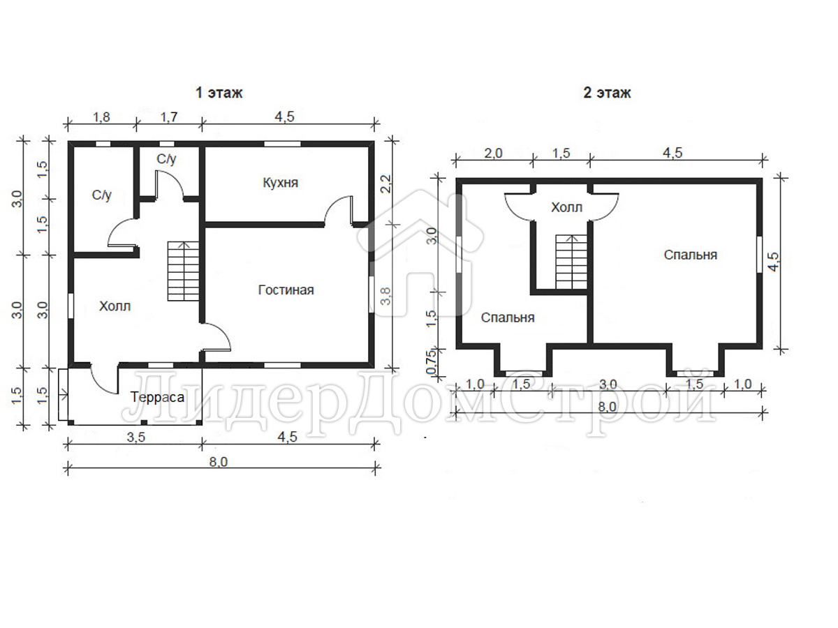 Схема расположения комнат в доме 6 на 8
